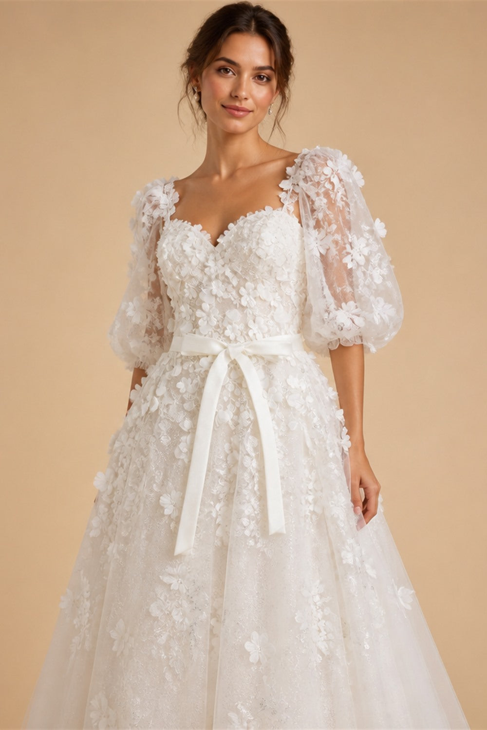 White 3D Floral Applique Sweetheart Ball Gown Wedding Dress ZP007