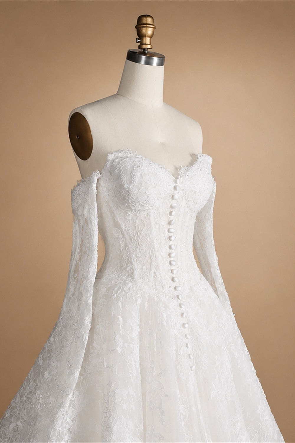 White Floral Lace Ball Gown Wedding Dress with Sweetheart Neckline and Detachable Long Sleeves ZP015