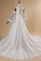 Elegant Ivory V-Neck Detachable Puff Sleeve Lace Tulle Wedding Dress with Train ZP062