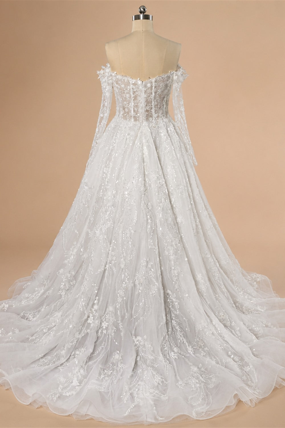Luxury White Off-the-Shoulder Long Sleeve Lace Tulle Ball Gown Wedding Dress ZP068