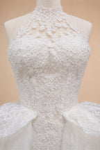 Luxury White A-Line Wedding Dress with Lace Embroidery and Overskirt ZP167