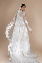 Regal Ivory Lace High Neck Long Sleeve Wedding Dress with Cathedral Veil ZP105