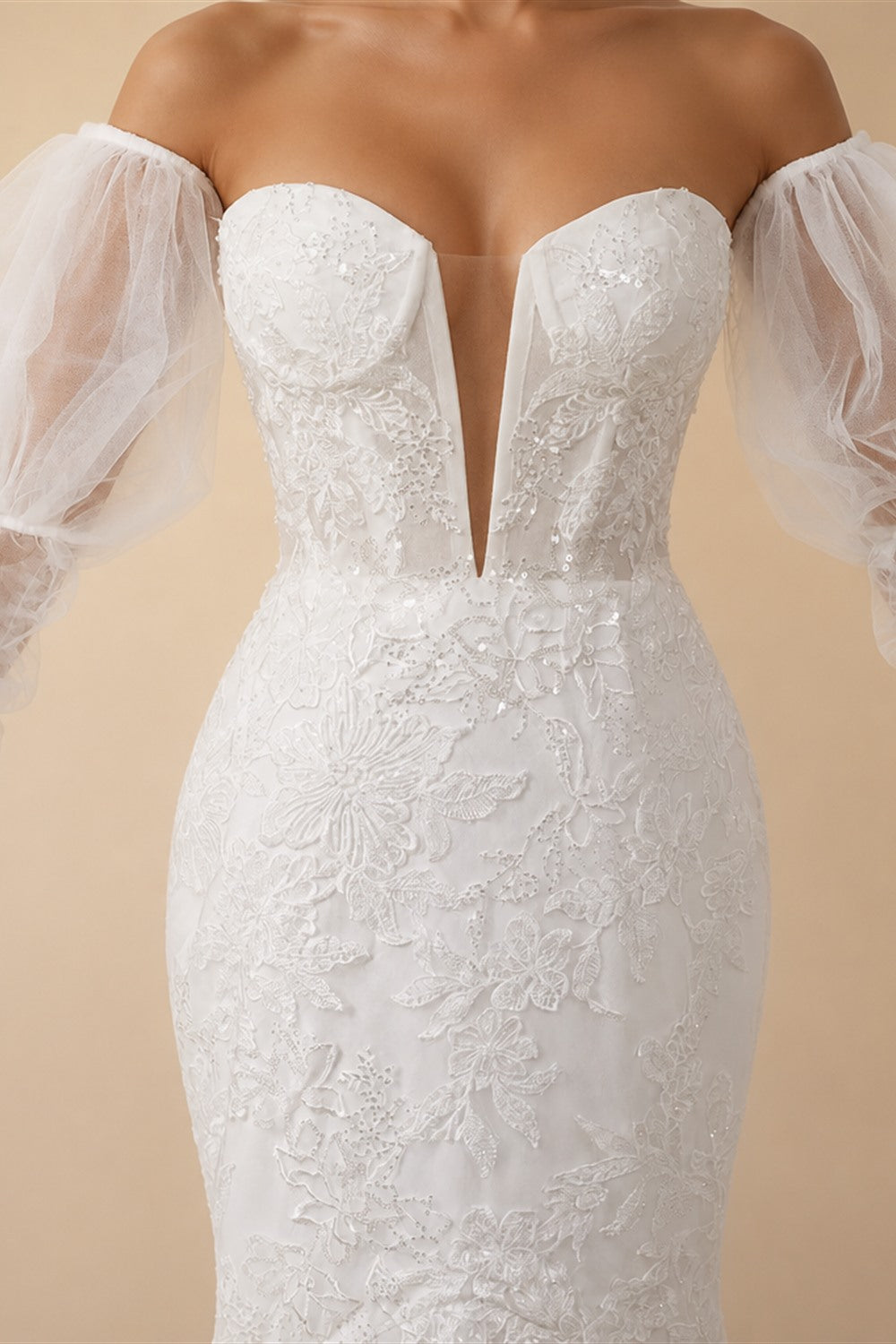 Glamorous White Sweetheart Neckline Mermaid Wedding Dress with Detachable Tulle Sleeves ZP056
