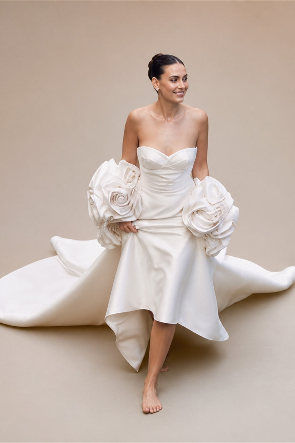 Ivory  Satin Mermaid Wedding Dress 3D Giant Rose Floral With Veil  ZP034