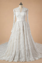 Elegant Printed Lace High Neck Wedding Dress with Train ZP171