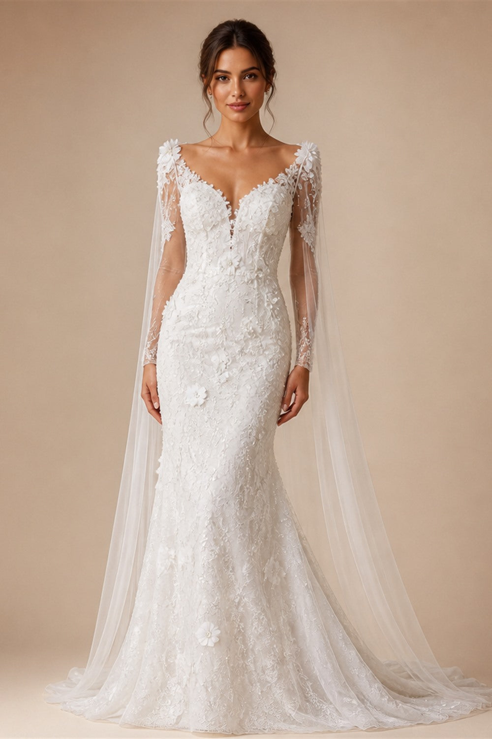 White  Off‑The‑Shoulder Puff Sleeve 3D Floral Mermaid Wedding Dress ZP005
