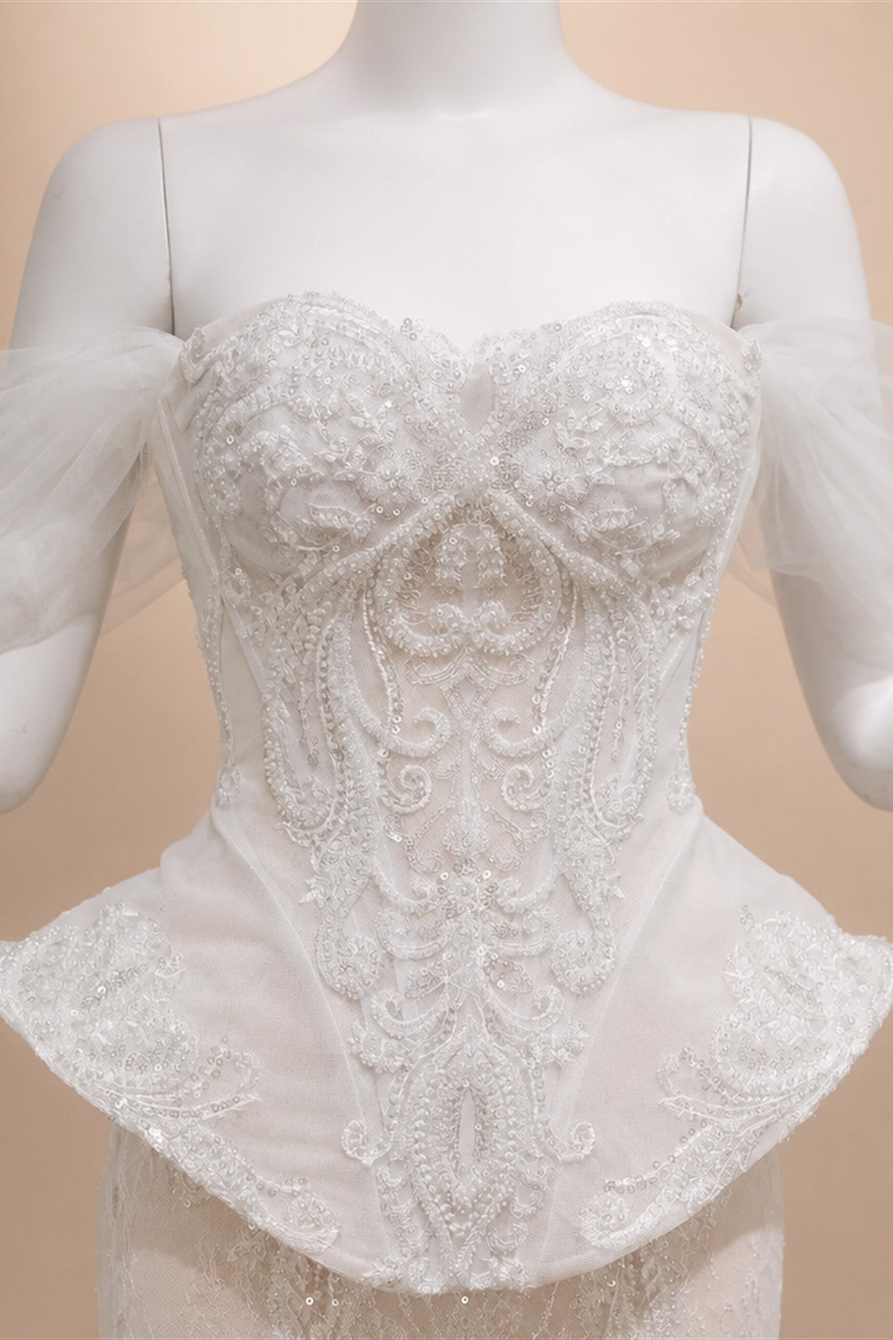Luxury Ivory Off-the-Shoulder Lace Corset Tulle Train Wedding Dress ZP135