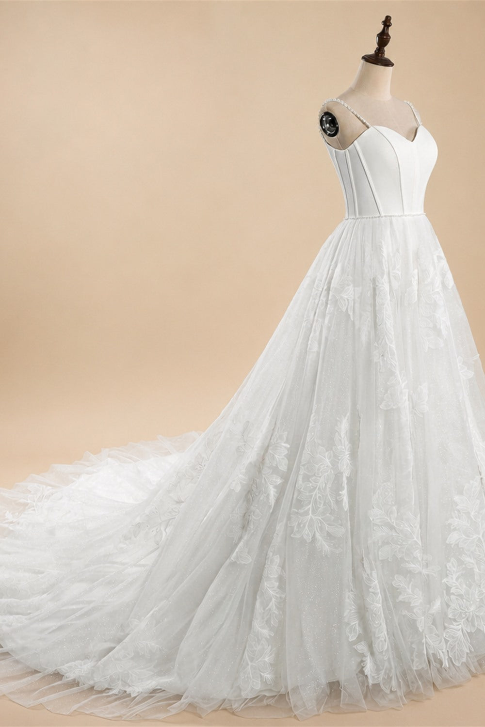 Elegant White Spaghetti Strap Satin Bodice Lace Tulle Wedding Dress with Train ZP065