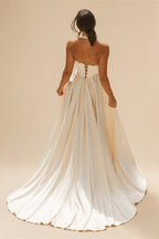 Luxury Spaghetti Strap V-Neck Lace Satin A-Line Wedding Dress with Veil ZP040