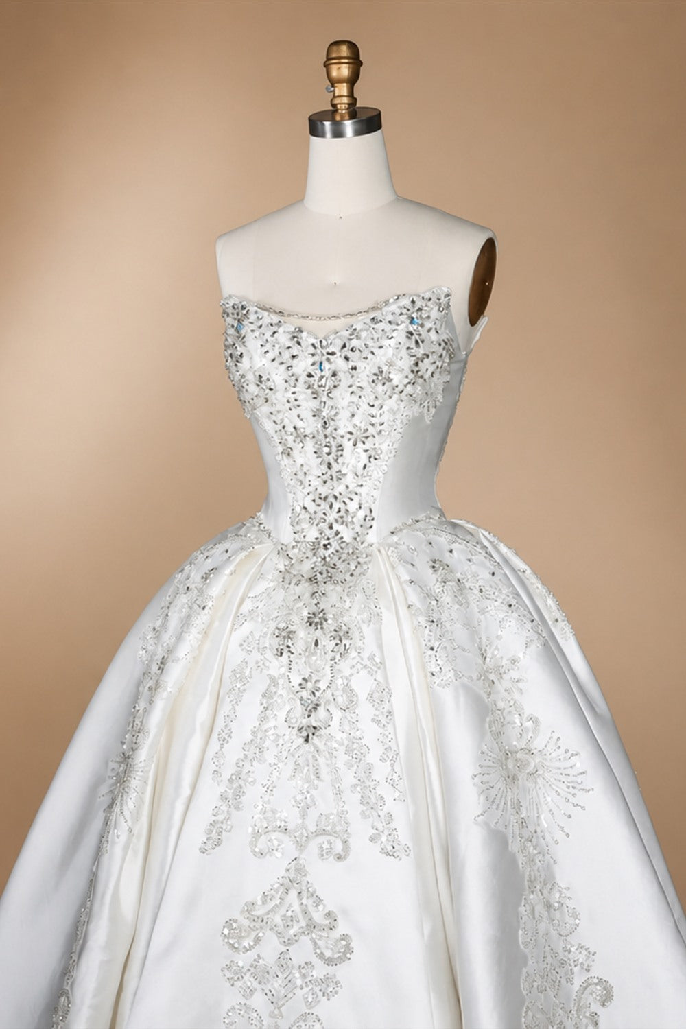 White Satin Strapless Ball Gown Wedding Dress with Luxurious Beaded Lace and Cathedral Train ZP016