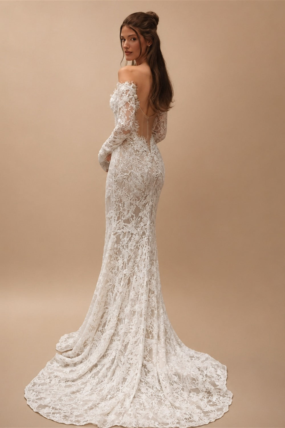 Bohemian Ivory Off-the-Shoulder Sheer Lace Mermaid Wedding Dress with Veil ZP128
