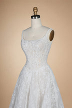 White Lace Spaghetti Strap Bridal Gown Square Neck Beaded Corset Ball Gown ZP012