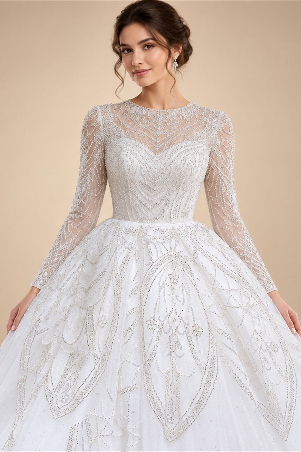 Luxury Beaded Long Sleeve Ball Gown Wedding Dress ZP184