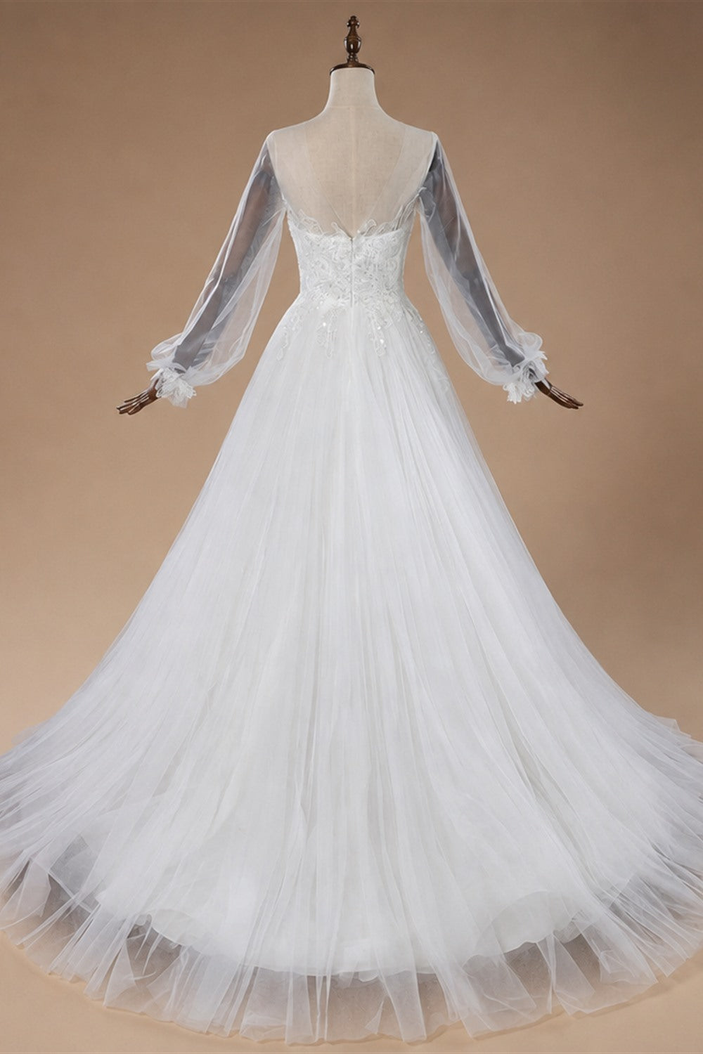 Elegant White Long Sheer Sleeve A-Line Tulle Wedding Dress with Lace Appliqués ZP057