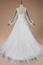 Elegant White Long Sheer Sleeve A-Line Tulle Wedding Dress with Lace Appliqués ZP057