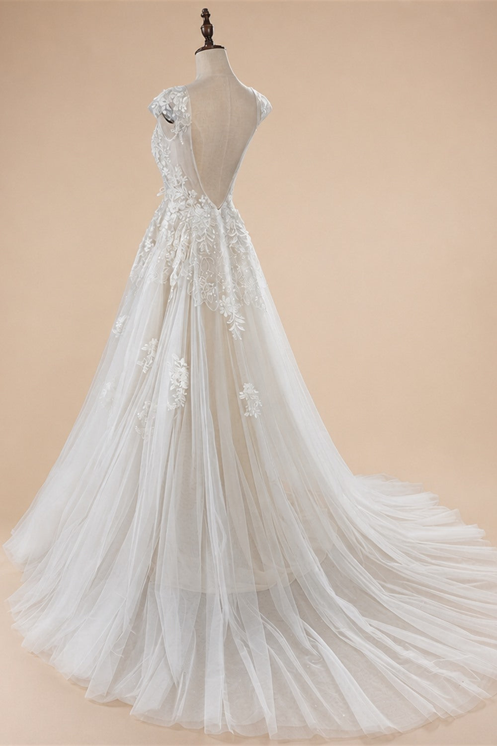 Elegant Ivory V-Neck Cap Sleeve A-Line Lace Tulle Wedding Dress ZP055