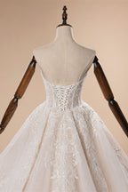 Elegant Ivory Strapless Corset Lace Tulle Bridal Gown Wedding Dress with Long Detachable Sleeves ZP067