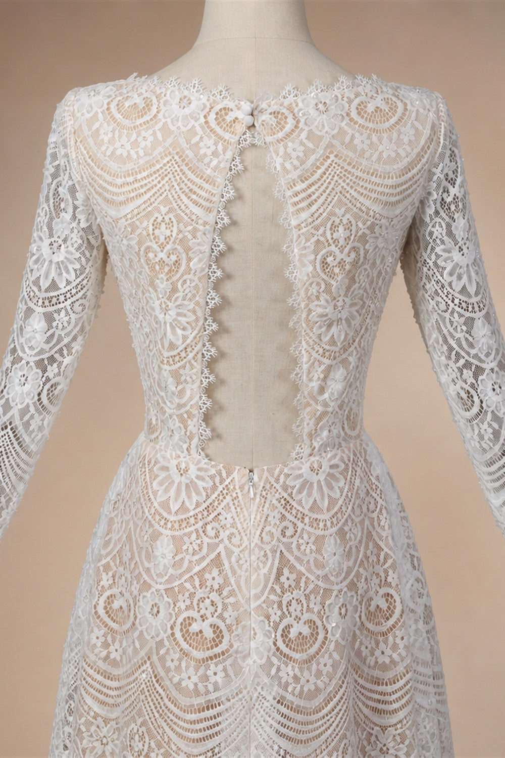 Glamorous White Long Sleeve Lace Wedding Dress with Removable Chiffon Overlay ZP058