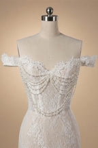 Opulent Ivory Off-the-Shoulder Beaded Lace Tulle Ball Gown Wedding Dress ZP127