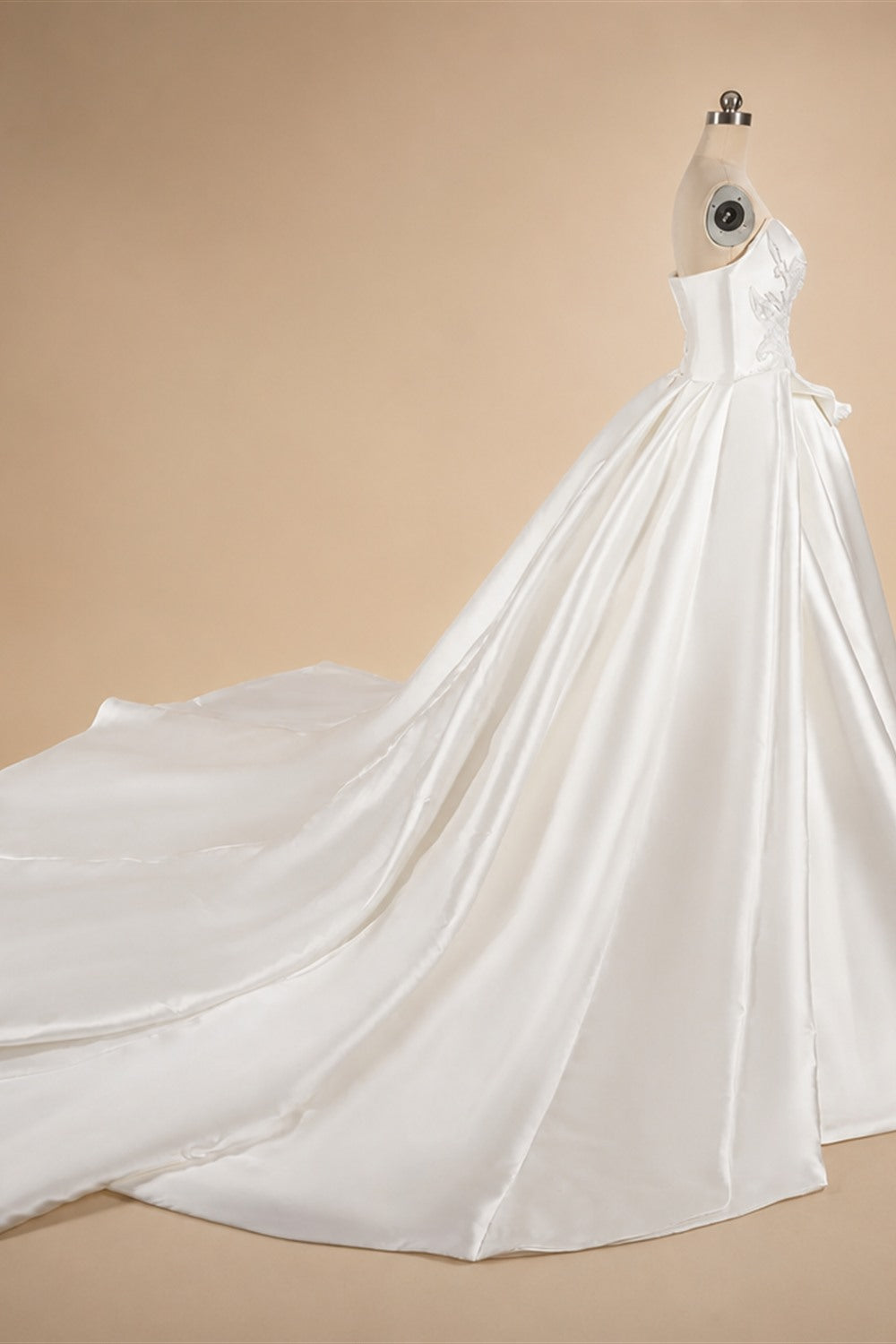 Luxury White Satin Strapless Beaded Ball Gown Train Wedding Dress ZP152