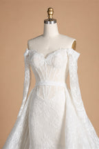 White Lace Mermaid Wedding Dress Off the Shoulder with Detachable Train and Long Sleeves ZP014