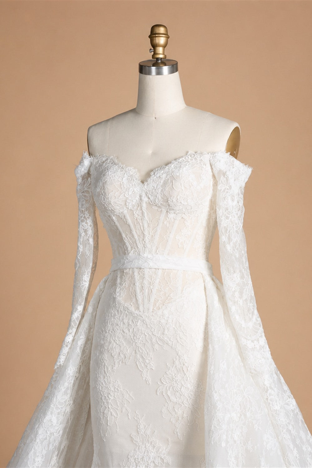 White Lace Mermaid Wedding Dress Off the Shoulder with Detachable Train and Long Sleeves ZP014