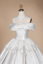 Off the Shoulder White Satin Ball Gown Flower Girl Dress with Long Cathedral Train ZP017