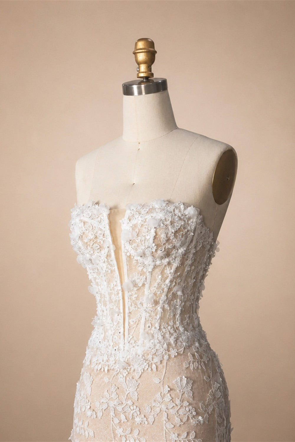 White Nude Lace Fairytale  Mermaid Wedding Dress 3D Floral  Train  ZP037