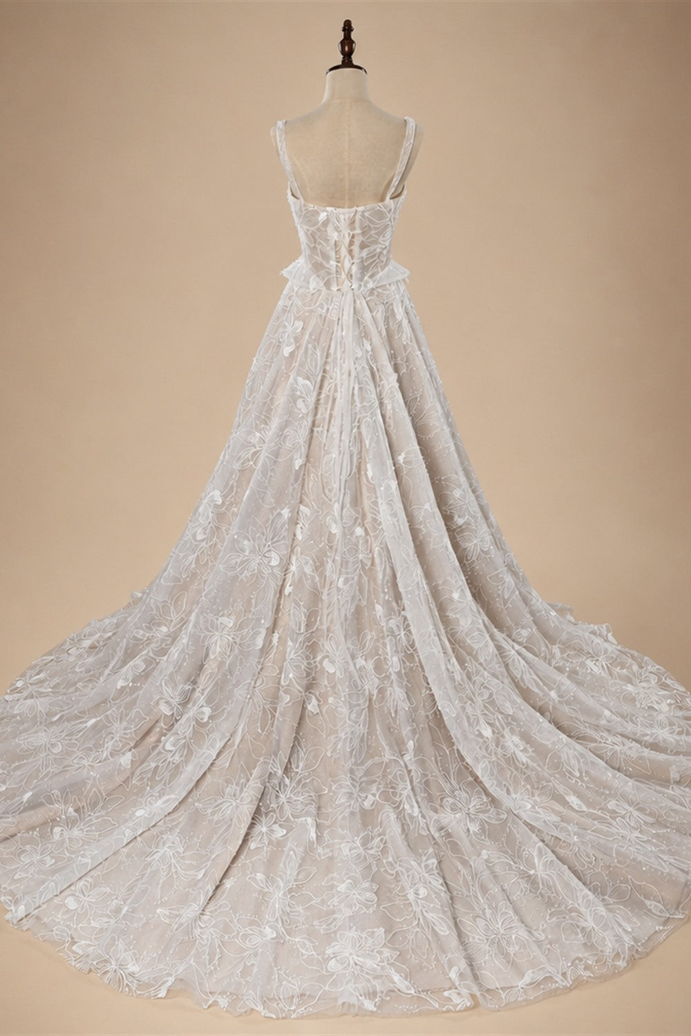 Luxury Ivory Square Neck Corset Lace Tulle A-Line Wedding Dress with Train ZP064