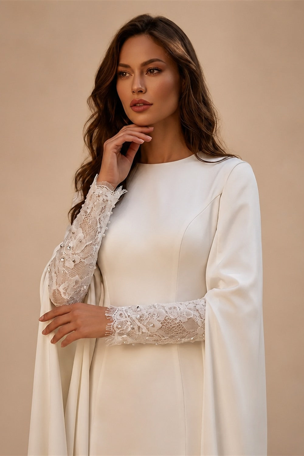 Ivory Minimalist Modest Mermaid Beaded Satin Wedding Dress  Sweep Train ZP031