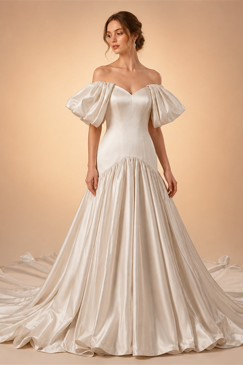Romantic White Satin Off-the-Shoulder Puff Sleeve Ball Gown Wedding Dress ZP113
