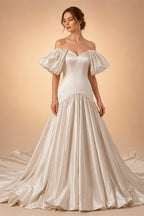 Romantic White Satin Off-the-Shoulder Puff Sleeve Ball Gown Wedding Dress ZP113
