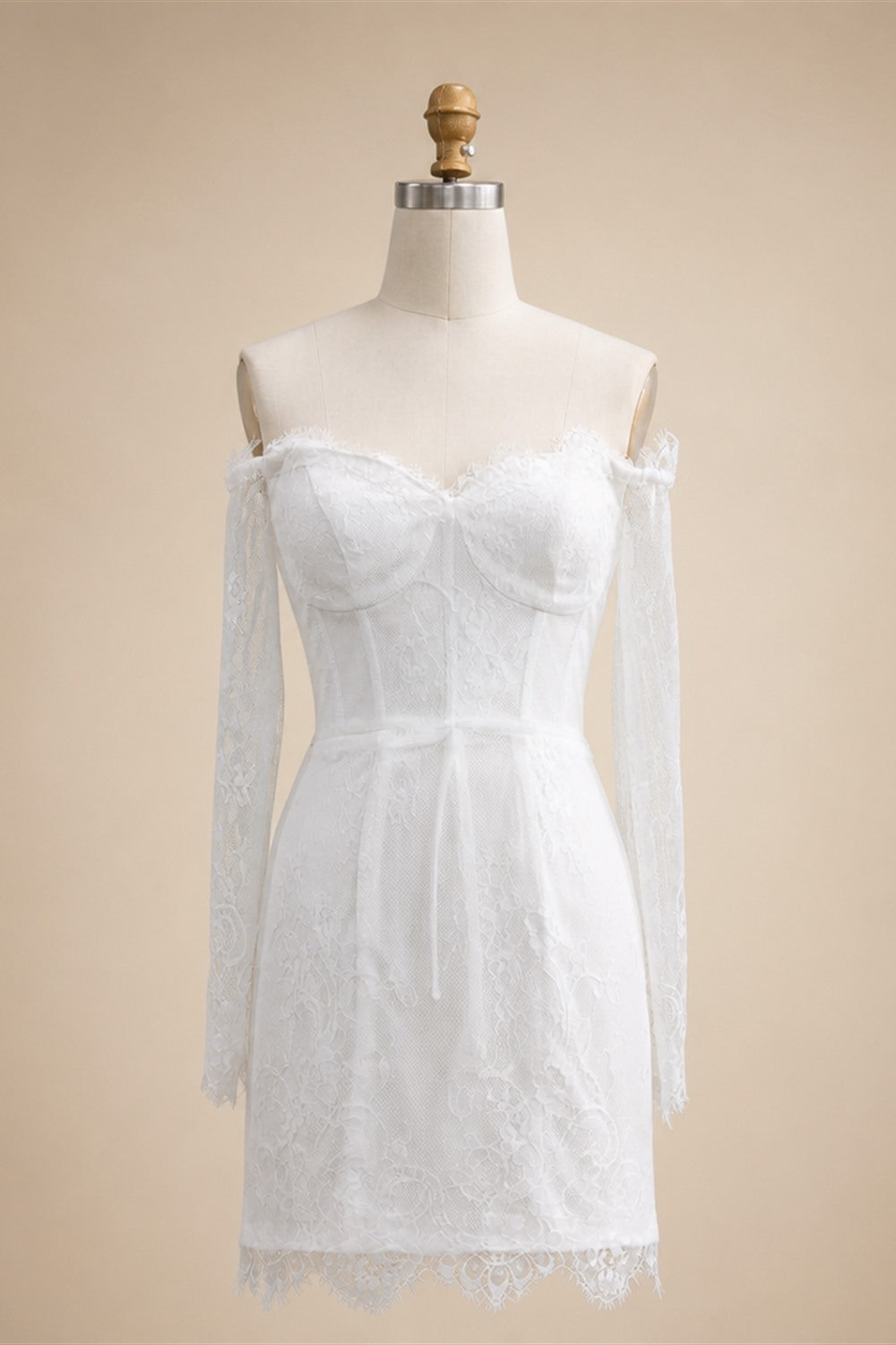 Luxury Ivory Off-the-Shoulder Long Sleeve Lace Mini Wedding Dress ZP134