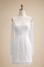 Luxury Ivory Off-the-Shoulder Long Sleeve Lace Mini Wedding Dress ZP134