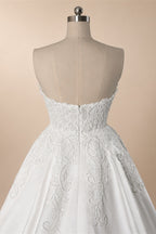 White Satin Strapless Wedding Dress Lace Appliques Sweetheart Neckline Ball Gown ZP010