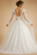 Elegant White V-Neck Long Sleeve Lace-Up Back A-Line Wedding Dress ZP060
