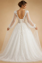 Elegant White V-Neck Long Sleeve Lace-Up Back A-Line Wedding Dress ZP060