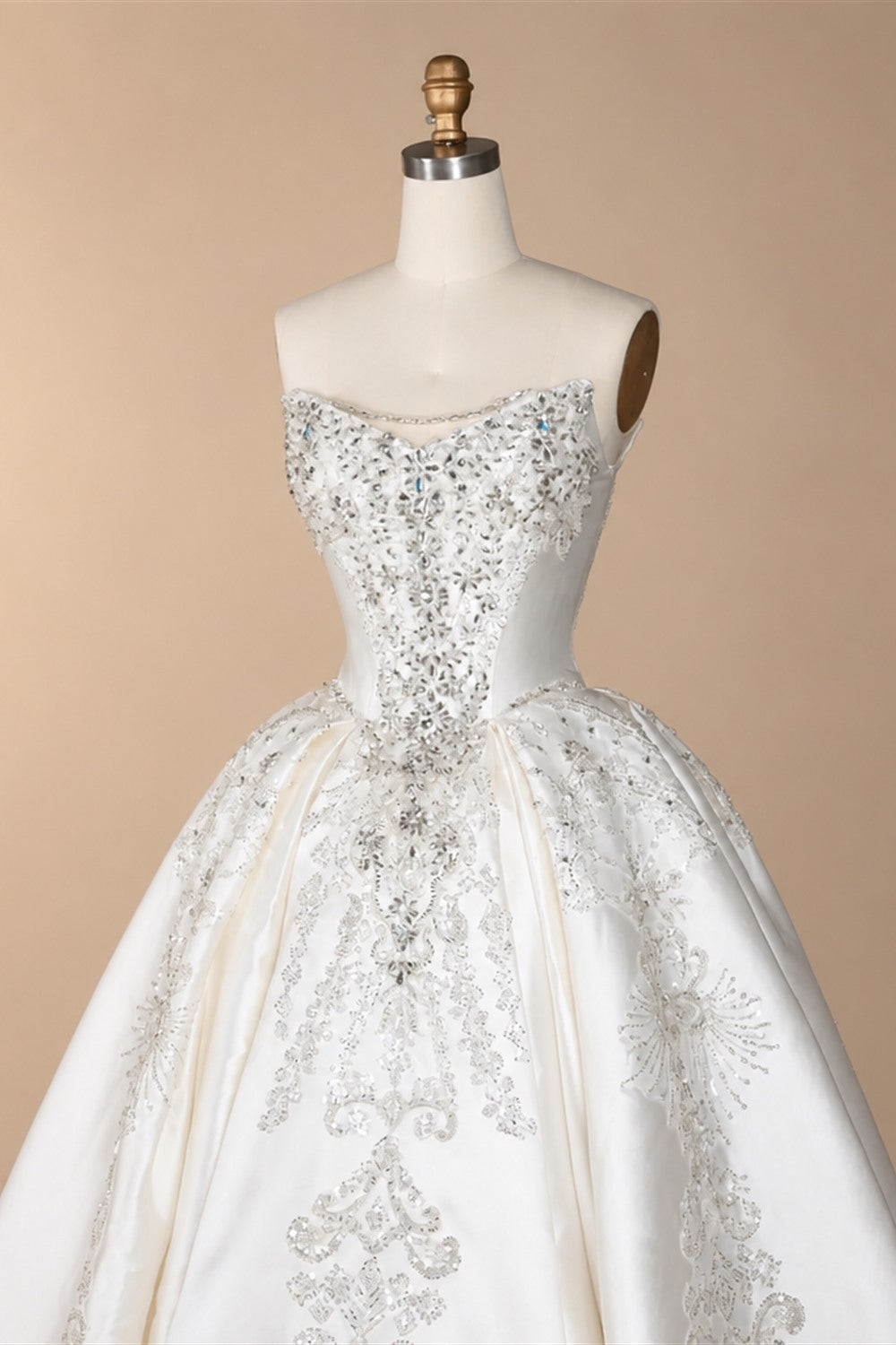 White Satin Strapless Ball Gown Wedding Dress with Luxurious Beaded Lace and Cathedral Train ZP016