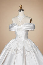 Off the Shoulder White Satin Ball Gown Flower Girl Dress with Long Cathedral Train ZP017