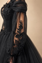 Black Luxury Gothic Wedding Dress 3D Floral Corset Tulle Ball Gown With Train  ZP201