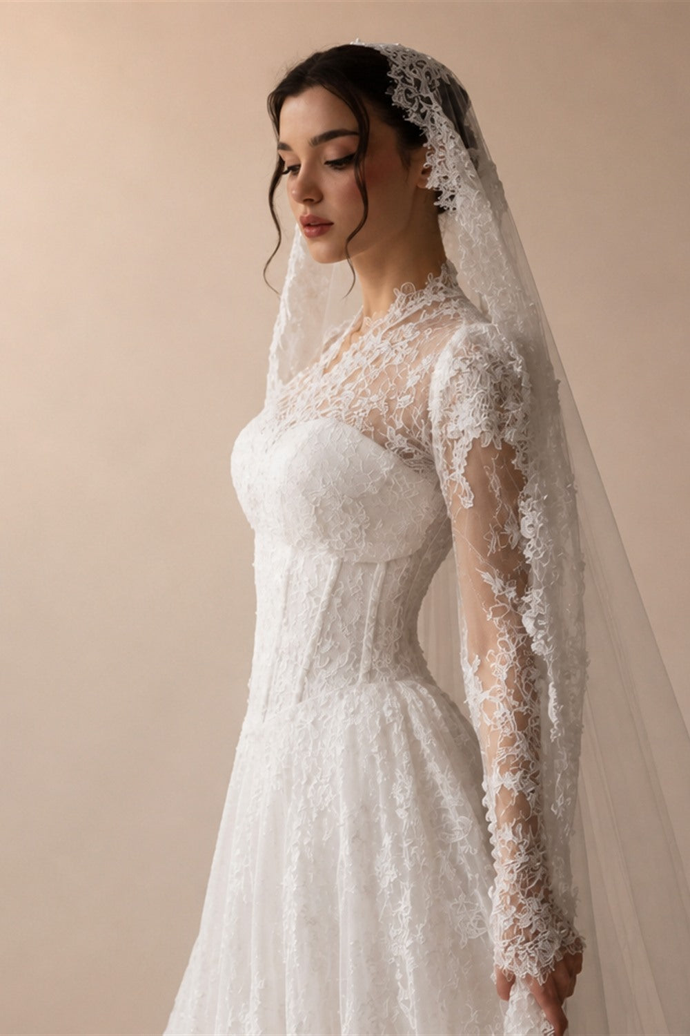 Romantic White Lace Long Sleeve A-Line Wedding Dress with Veil ZP109