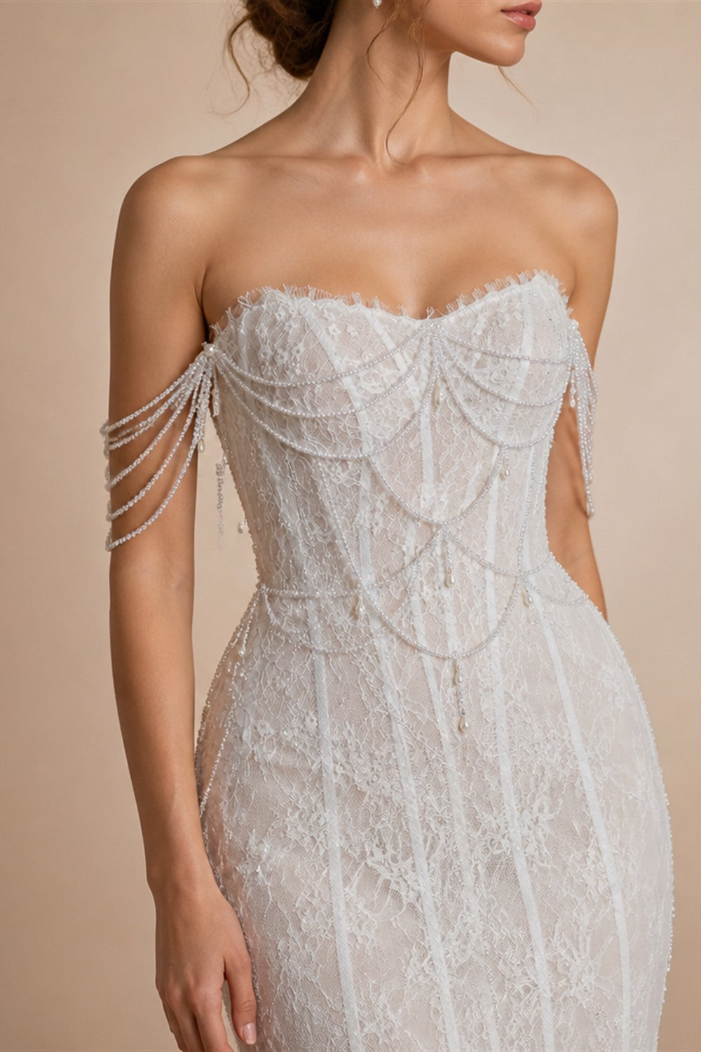 White Nude  Mermaid Wedding Dress Beaded Chain Detailing With Lace Train  ZP039