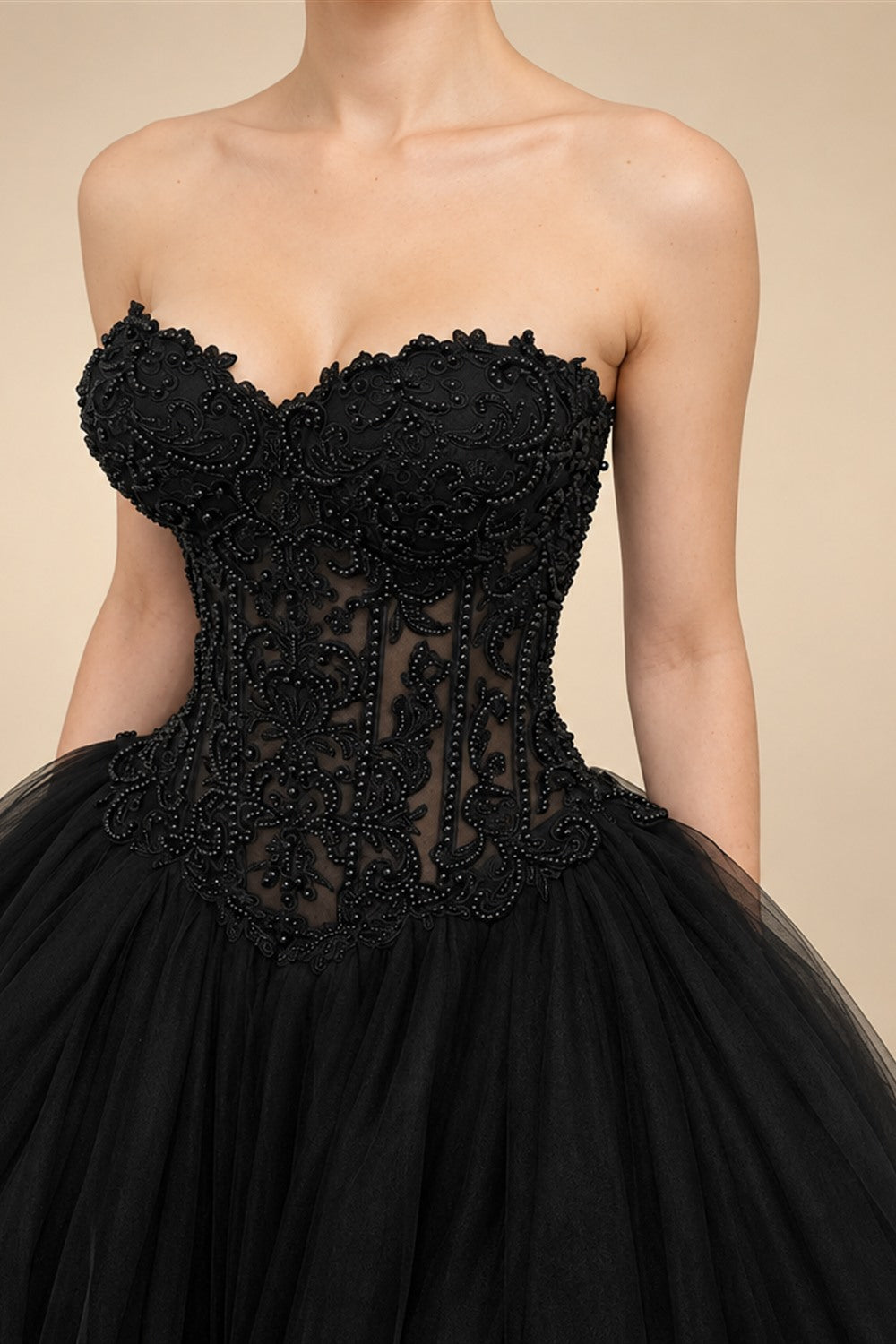 Black Lace Heavy Gothic Beading Wedding Dress Ballgown Corset Closure  ZP202