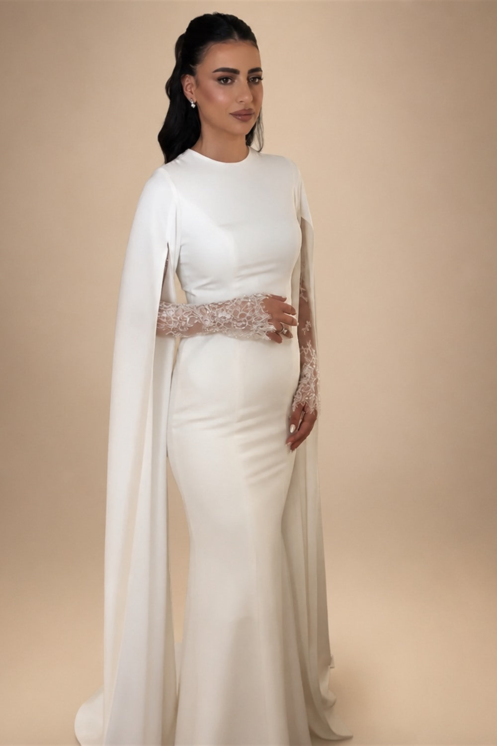 Ivory Minimalist Modest Mermaid Beaded Satin Wedding Dress  Sweep Train ZP031