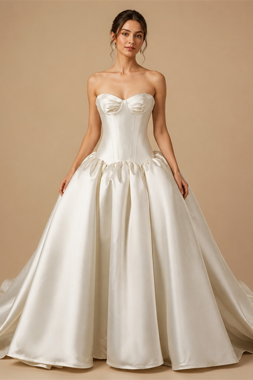 Classic White Satin Strapless Ball Gown Wedding Dress with Veil ZP114