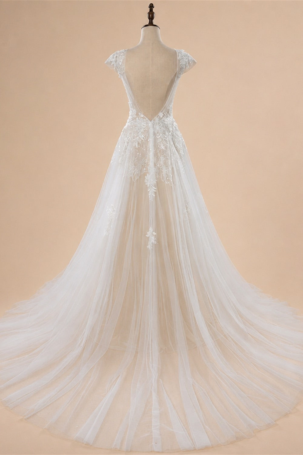 Elegant Ivory V-Neck Cap Sleeve A-Line Lace Tulle Wedding Dress ZP055