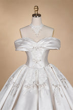 Off the Shoulder White Satin Ball Gown Flower Girl Dress with Long Cathedral Train ZP017