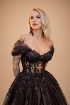 Black Luxury Gothic Wedding Dress  Sheer Corset 3D Floral Tulle  ZP027