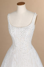 White Lace Spaghetti Strap Bridal Gown Square Neck Beaded Corset Ball Gown ZP012