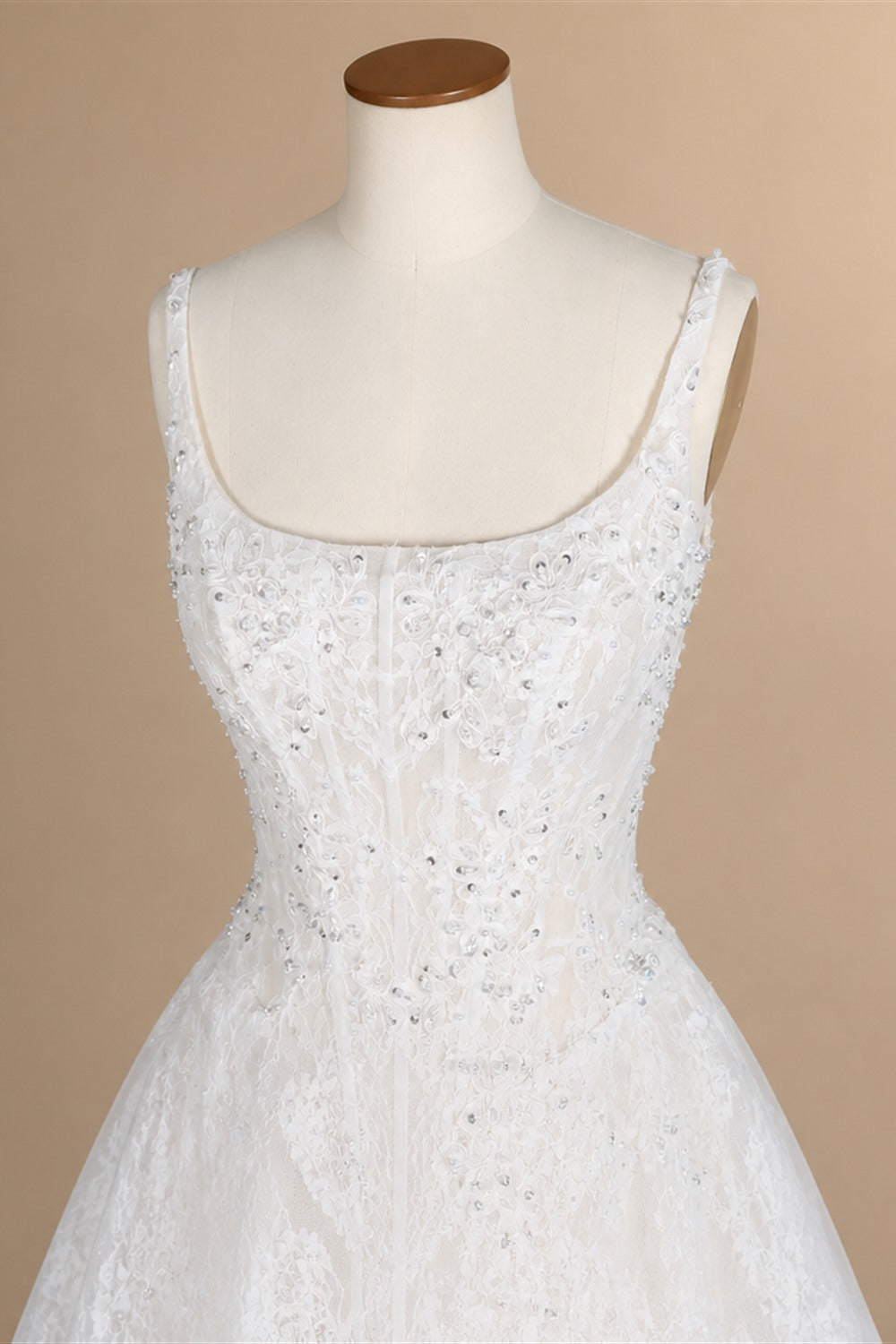 White Lace Spaghetti Strap Bridal Gown Square Neck Beaded Corset Ball Gown ZP012